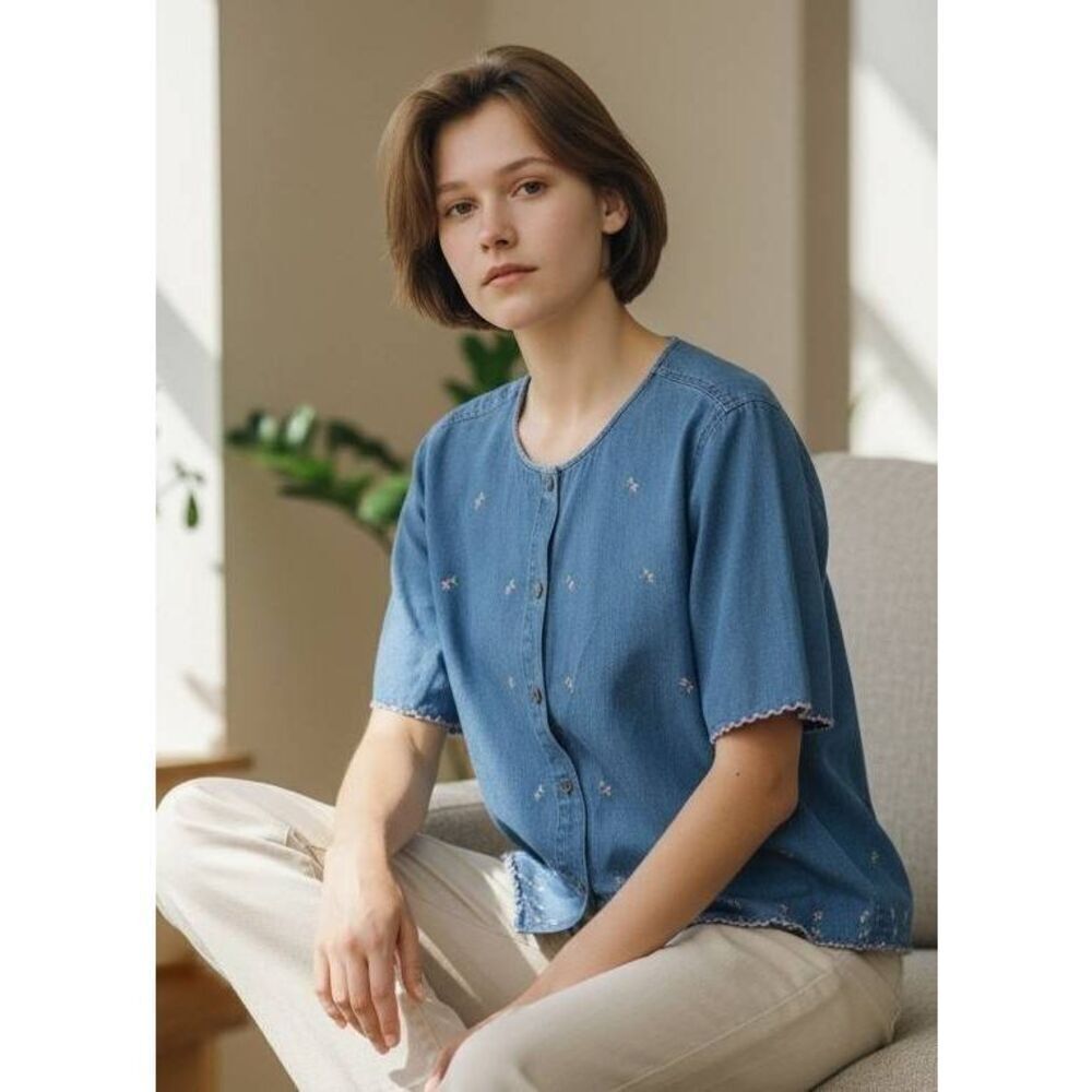 Vintage 80s daisy embroidered denim button-up shirt blouse Toffee Apple Size Lar